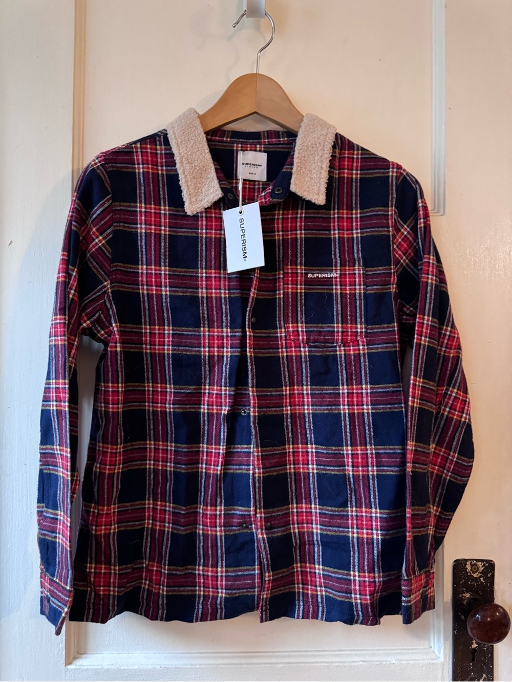 Superism | NWT Navy & Red Plaid Sherpa Collar Shirt Jacket